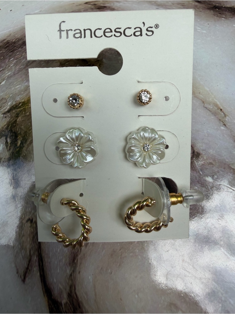 Francesca's Collections Gold, Pearl and Crystal 3-Pair Earring Set